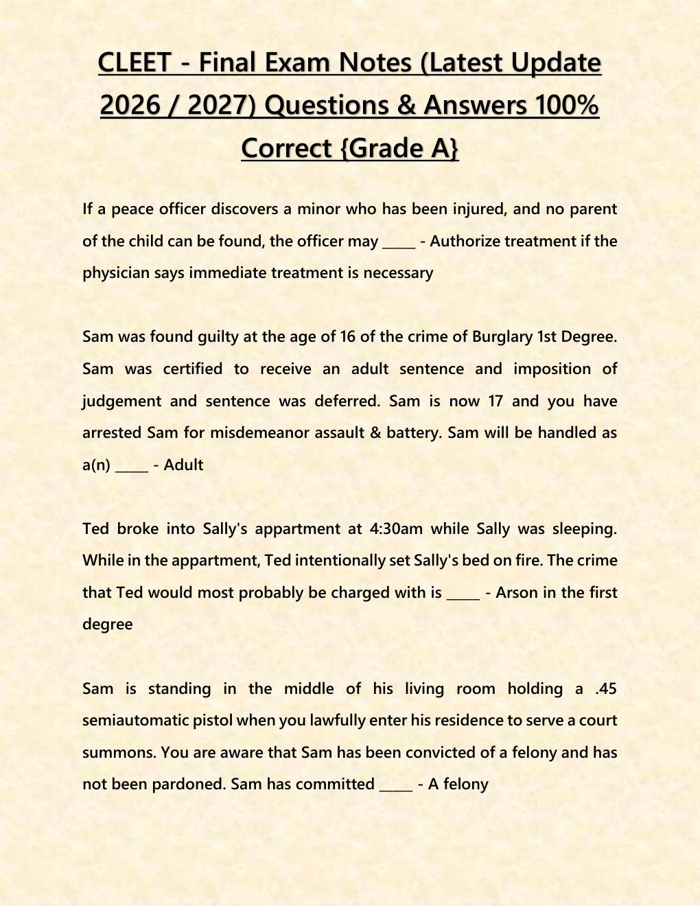 Preview page 3 of CLEET - Final Exam Notes (Latest Update 2026 / 2027) Questions & Answers 100% Correct {Grade A}