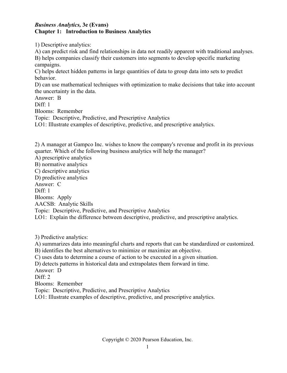 Preview page 2 of Test Bank for Business Analytics, 3rd Edition by James Evans (All Chapters)