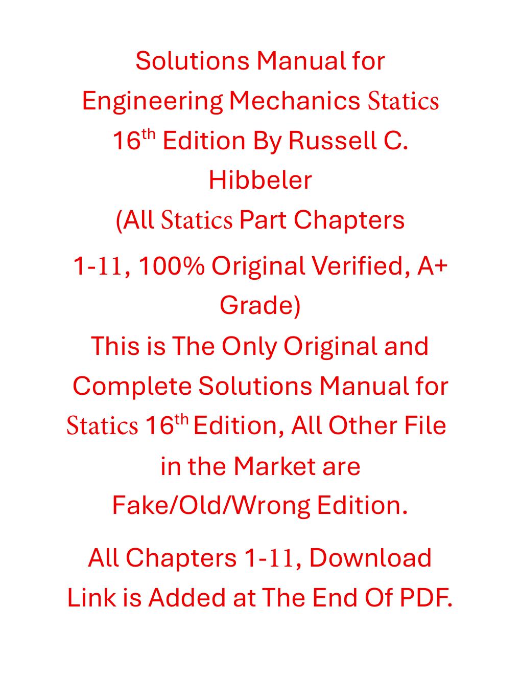 Preview page 2 of Solutions Manual Engineering Mechanics Statics 16th Edition By Russell C. Hibbeler | Contains Chapters 1-11