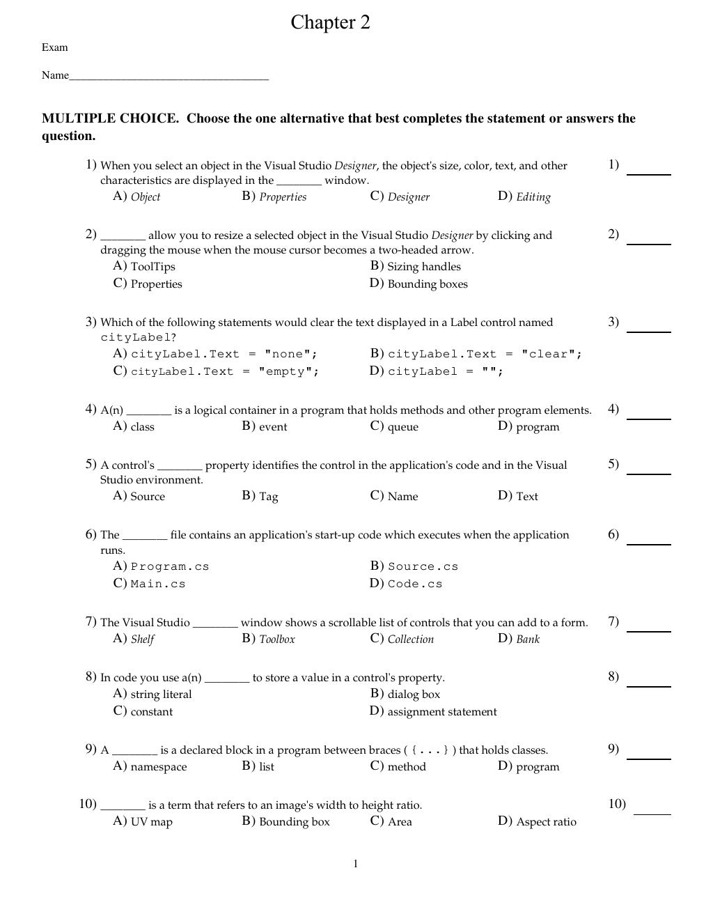 Preview page 10 of Test Bank Starting out with Visual C# 6th Edition By Tony Gaddis