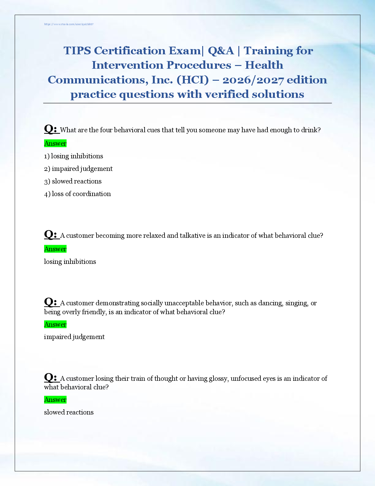 Preview of TIPS Certification Exam Q&A | Training for  Intervention Procedures – Health  Communicatio