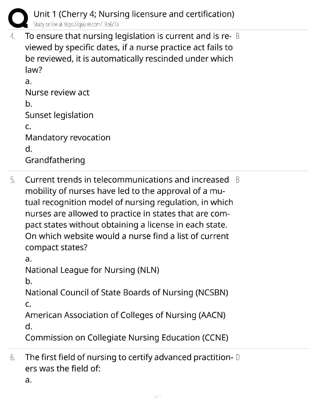 Preview page 2 of Unit 1 Cherry Chapter 4 Nursing Licensure and Certification / score 100% / 2025 update / NCLEX exam prep study guide