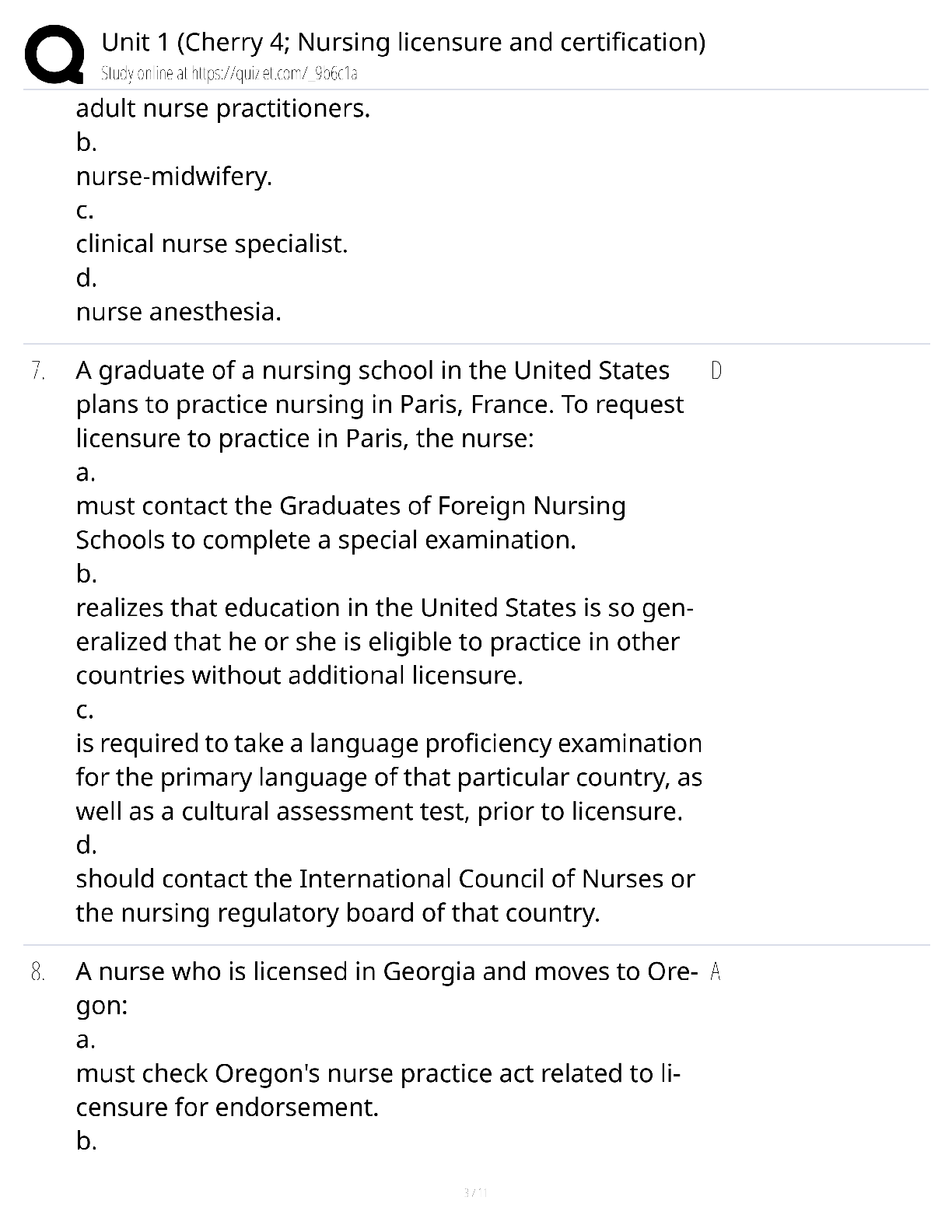 Preview page 3 of Unit 1 Cherry Chapter 4 Nursing Licensure and Certification / score 100% / 2025 update / NCLEX exam prep study guide