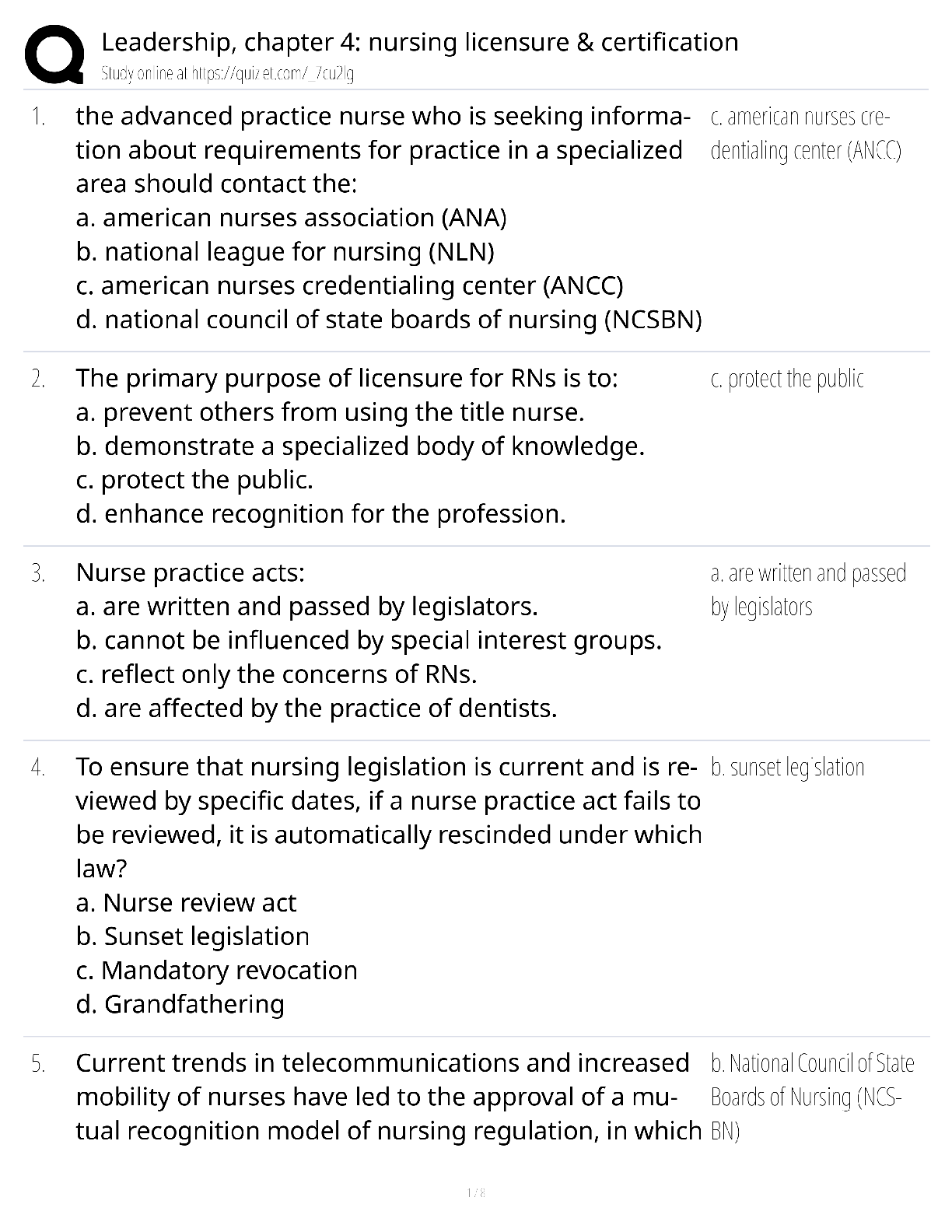 Leadership Chapter 4 Nursing Licensure and Certification / score 100% / 2025 update / NCLEX exam prep study guide