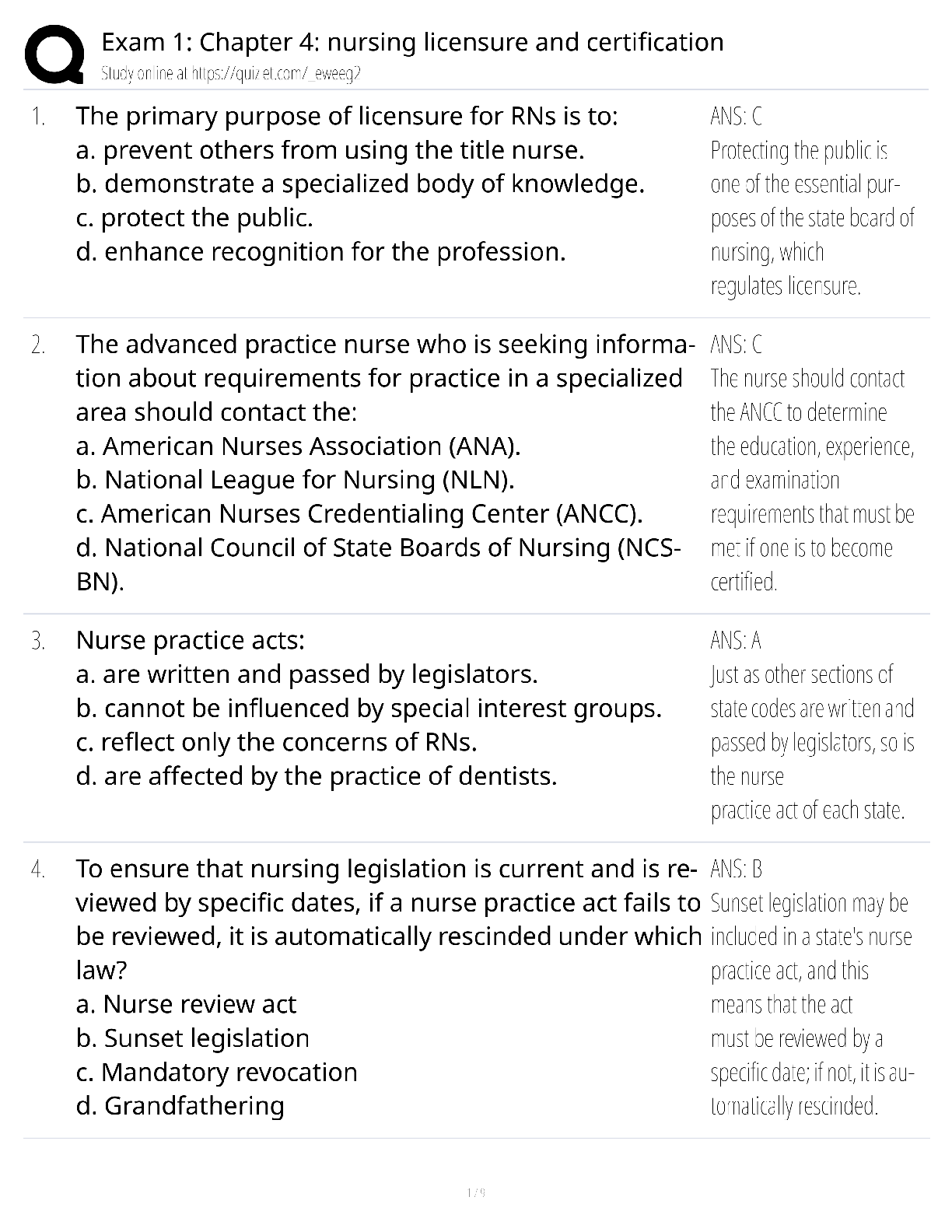Chapter 4 Nursing Licensure and Certification / score 100% / 2025 update / NCLEX exam prep study guide