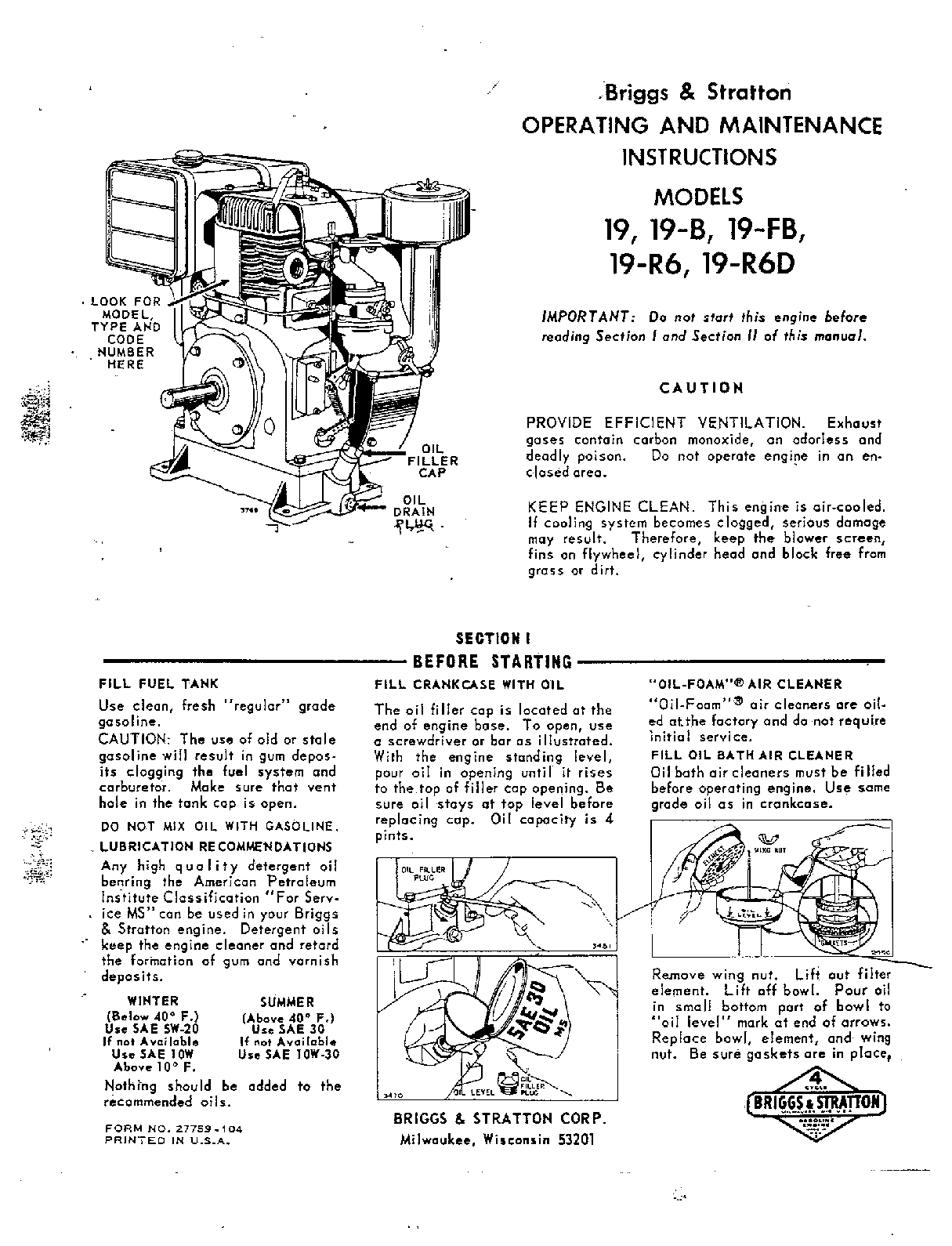 Preview of Briggs Stratton Model 19, 19-B, 19-FB, 19-R6, 19-R6D Operator Maint Manual
