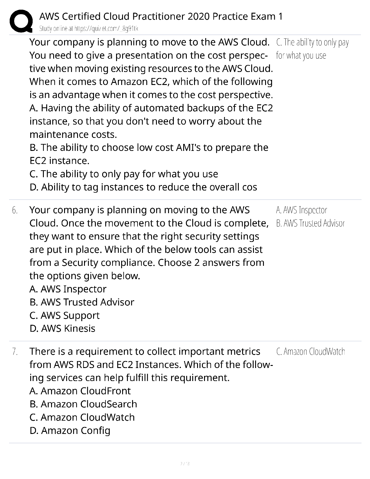 Preview page 2 of AWS Certified Cloud Practitioner 2020 Practice Exam 1 / score 100% / CLF-C01 test bank study guide