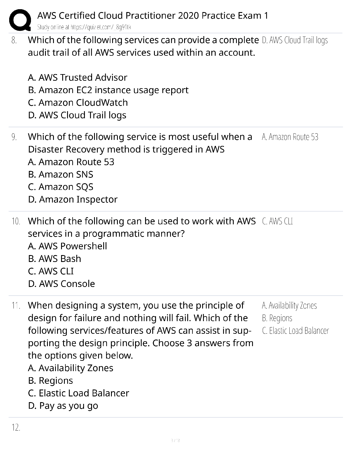Preview page 3 of AWS Certified Cloud Practitioner 2020 Practice Exam 1 / score 100% / CLF-C01 test bank study guide