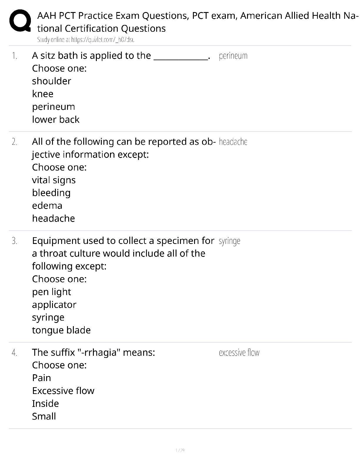 Preview of AAH PCT Practice Exam Questions American Allied Health / score 100% / 2025 update / patien
