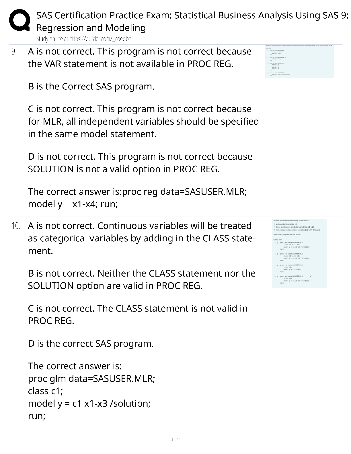 Preview page 4 of SAS Certification Practice Exam Statistical Business Analysis SAS 9 / score 100% / 2025 update / regression modeling tes