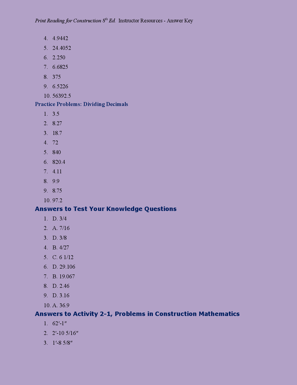 Preview page 6 of SOLUTIONS MANUAL  ANSWER KEY PRINT  READING FOR   CONTRUCTION 8TH  EDITION BY WALTER  BROWN, DANIEL  DORFMUELLER  2026/2
