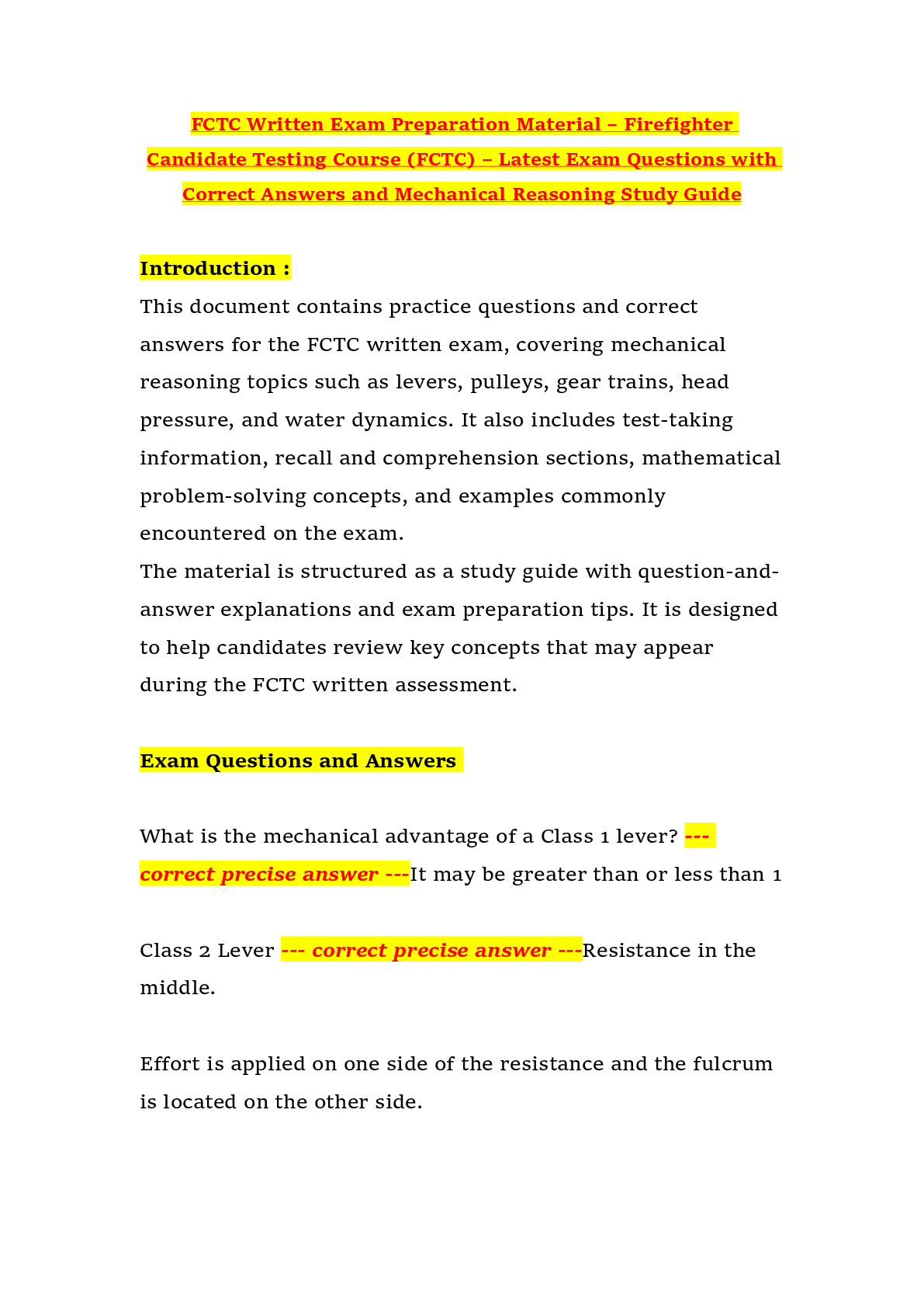 Preview of FCTC Written Exam Preparation Material – Firefighter Candidate Testing Course (FCTC) – Lat