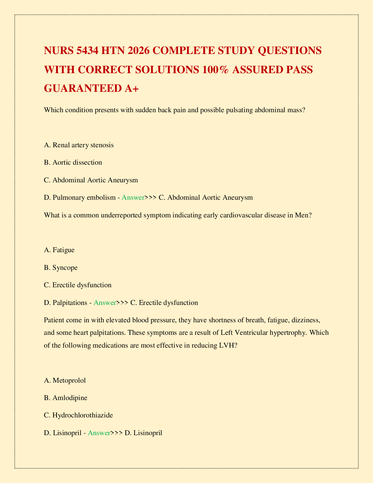 Preview page 2 of NURS 5434 HTN 2026 COMPLETE STUDY QUESTIONS WITH CORRECT SOLUTIONS 100% ASSURED PASS GUARANTEED A+