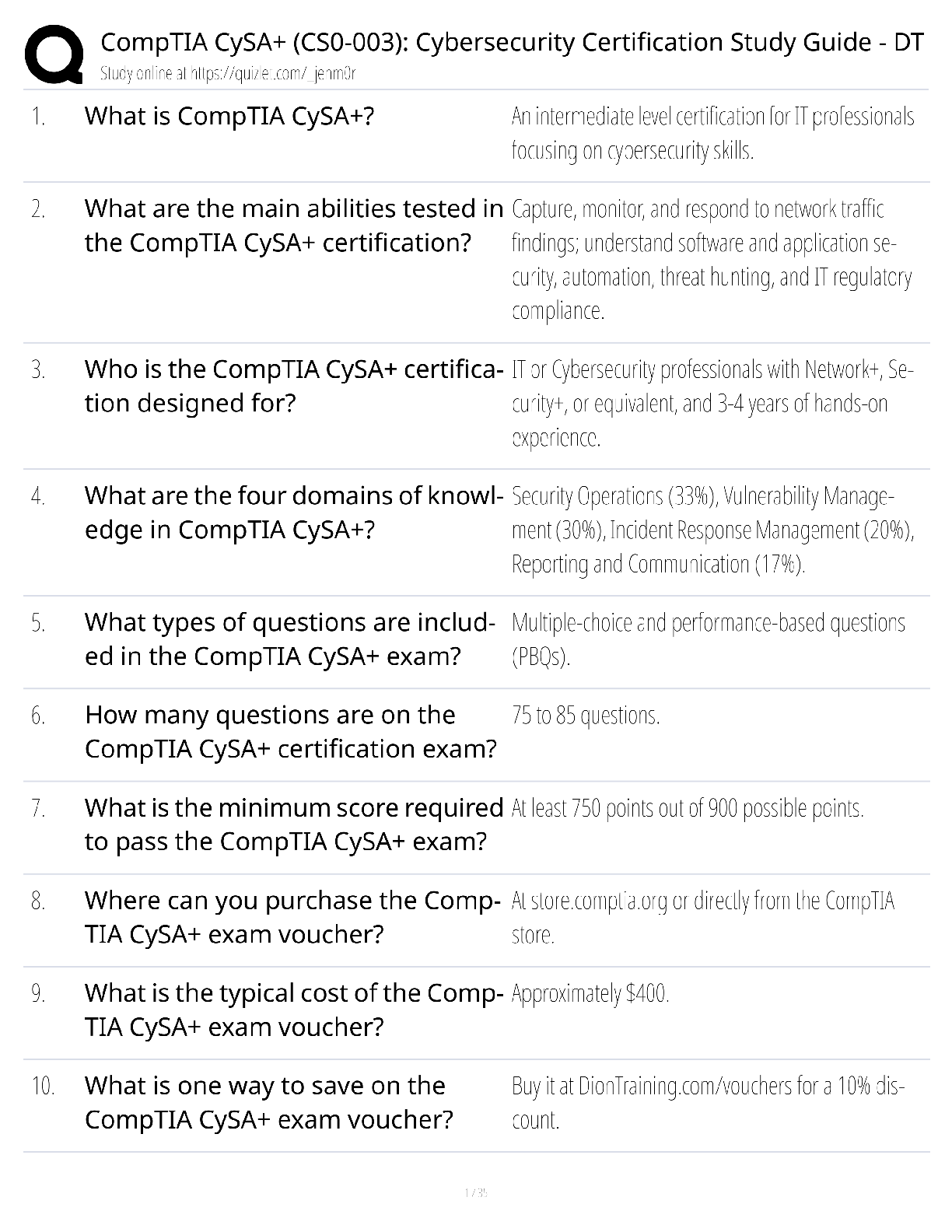 CompTIA CySA+ CS0-003 Cybersecurity Certification Study Guide DT / score 100% / 2025 update / exam prep