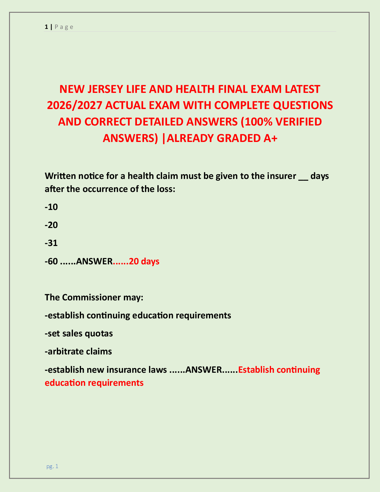 Preview of NEW JERSEY LIFE AND HEALTH FINAL EXAM LATEST  2026/2027 ACTUAL EXAM WITH COMPLETE QUESTION