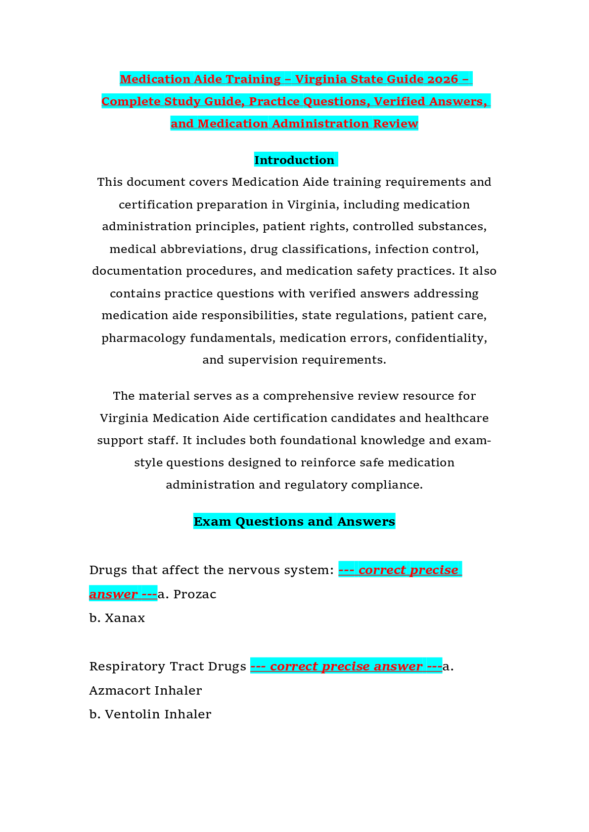 Medication Aide Training – Virginia State Guide 2026 – Complete Study Guide, Practice Questions, Verified Answers, and Medication Administration Review