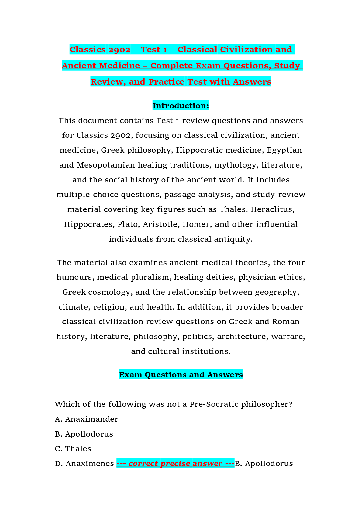 Preview of Classics 2902 – Test 1 – Classical Civilization and Ancient Medicine – Complete Exam Quest