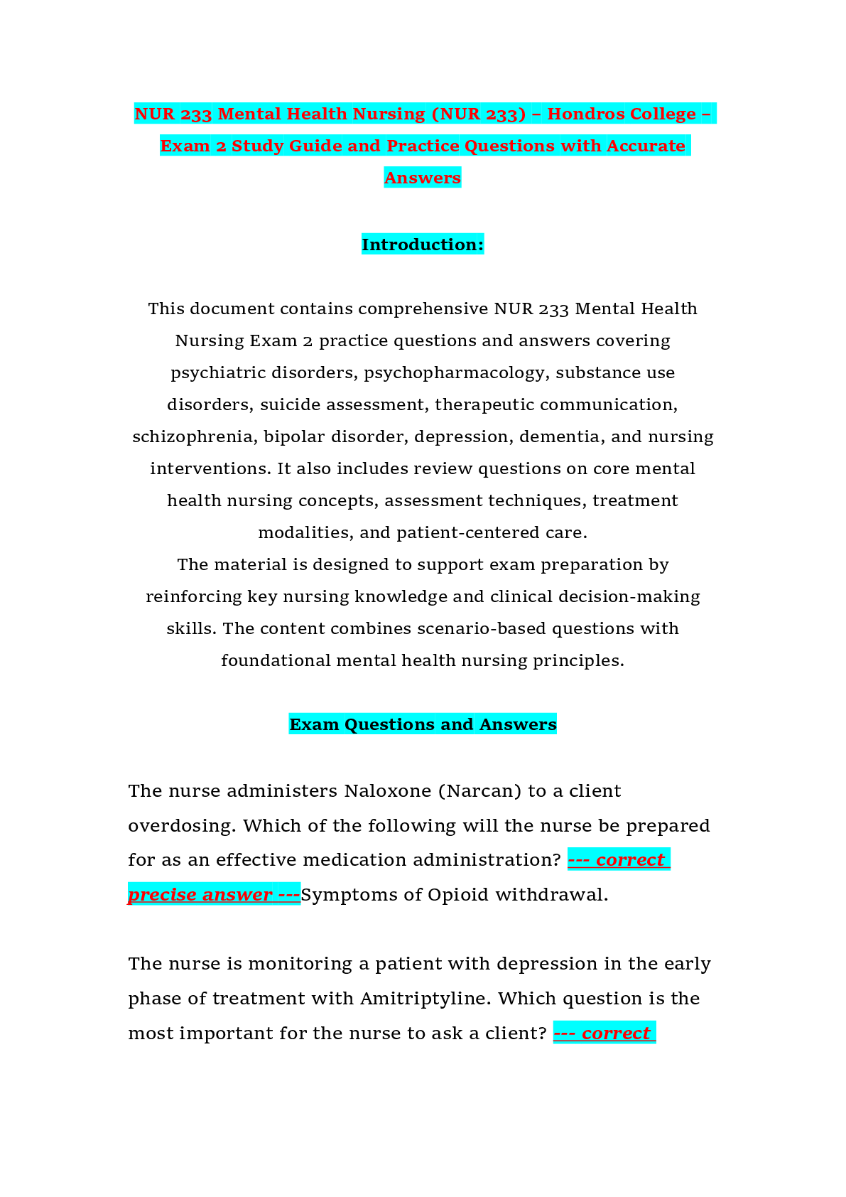 Preview of NUR 233 Mental Health Nursing (NUR 233) – Hondros College – Exam 2 Study Guide and Practic
