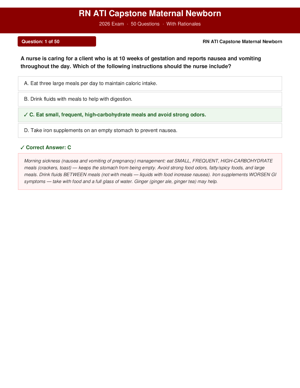 Preview of RN ATI Capstone Maternal Newborn 2026 Exam 50 Questions And Answers