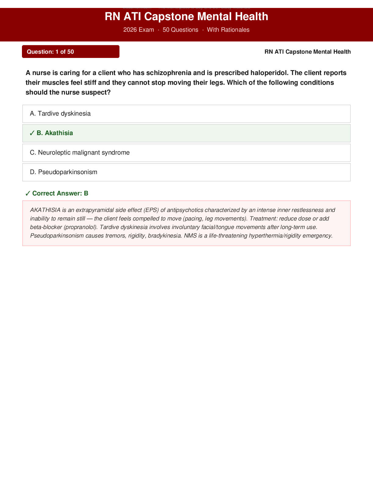 Preview of RN ATI Capstone Mental Health 2026 Exam 50 Questions And Answers