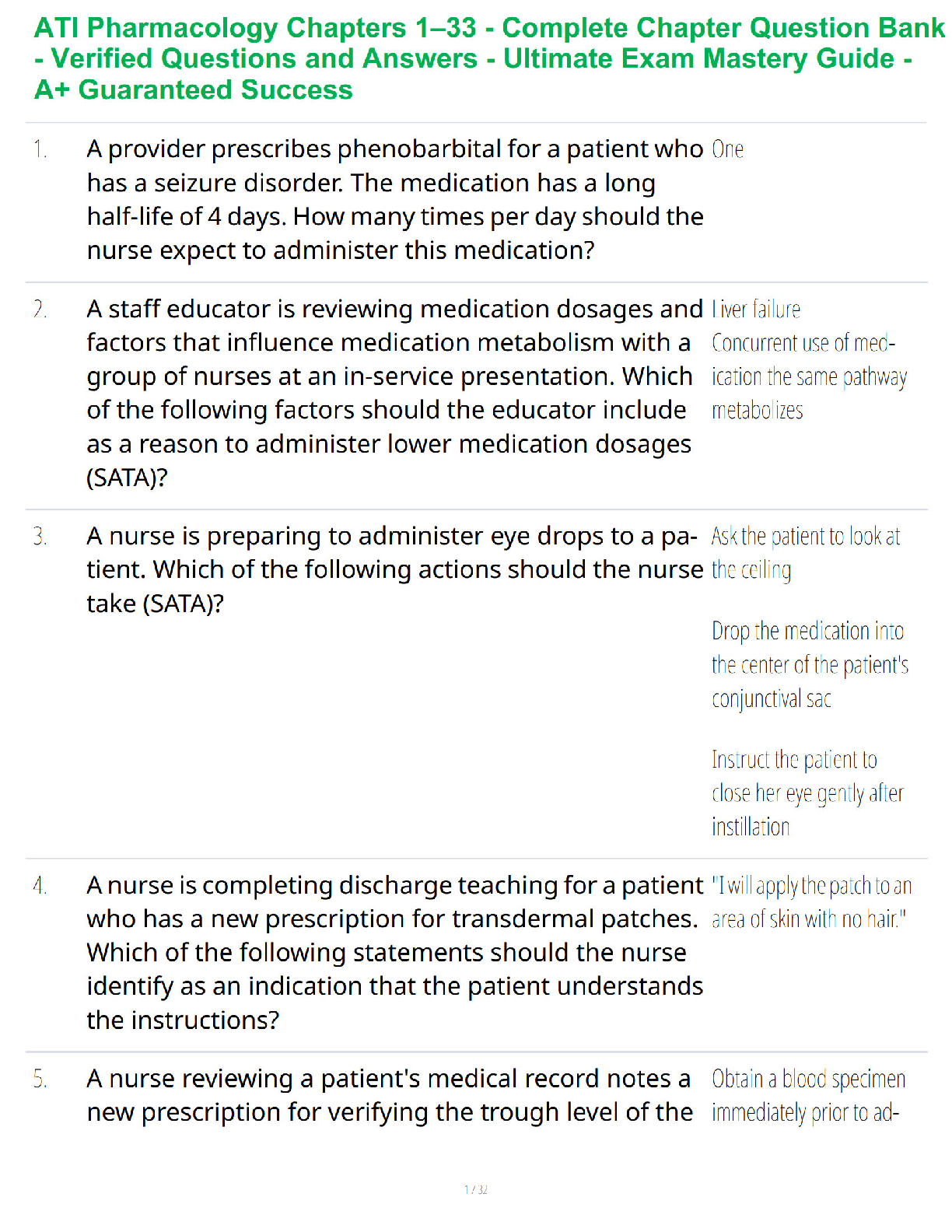 Preview of ATI Pharmacology Chapters 1–33 Complete Mastery Review – Comprehensive Exam Prep – Verified Questions and Answers – Ultimate Study System – A+ Guaranteed Success
