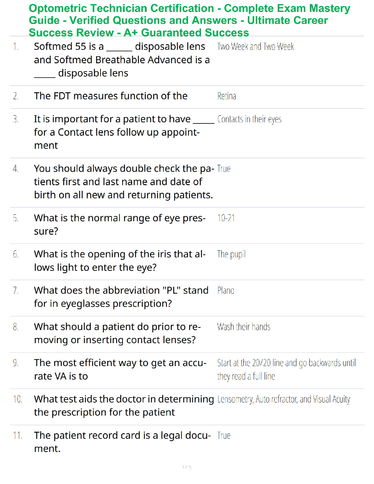 Preview of Optometric Technician Certification Exam Study Guide - Verified Questions and Answers - A+ Guaranteed Success Review