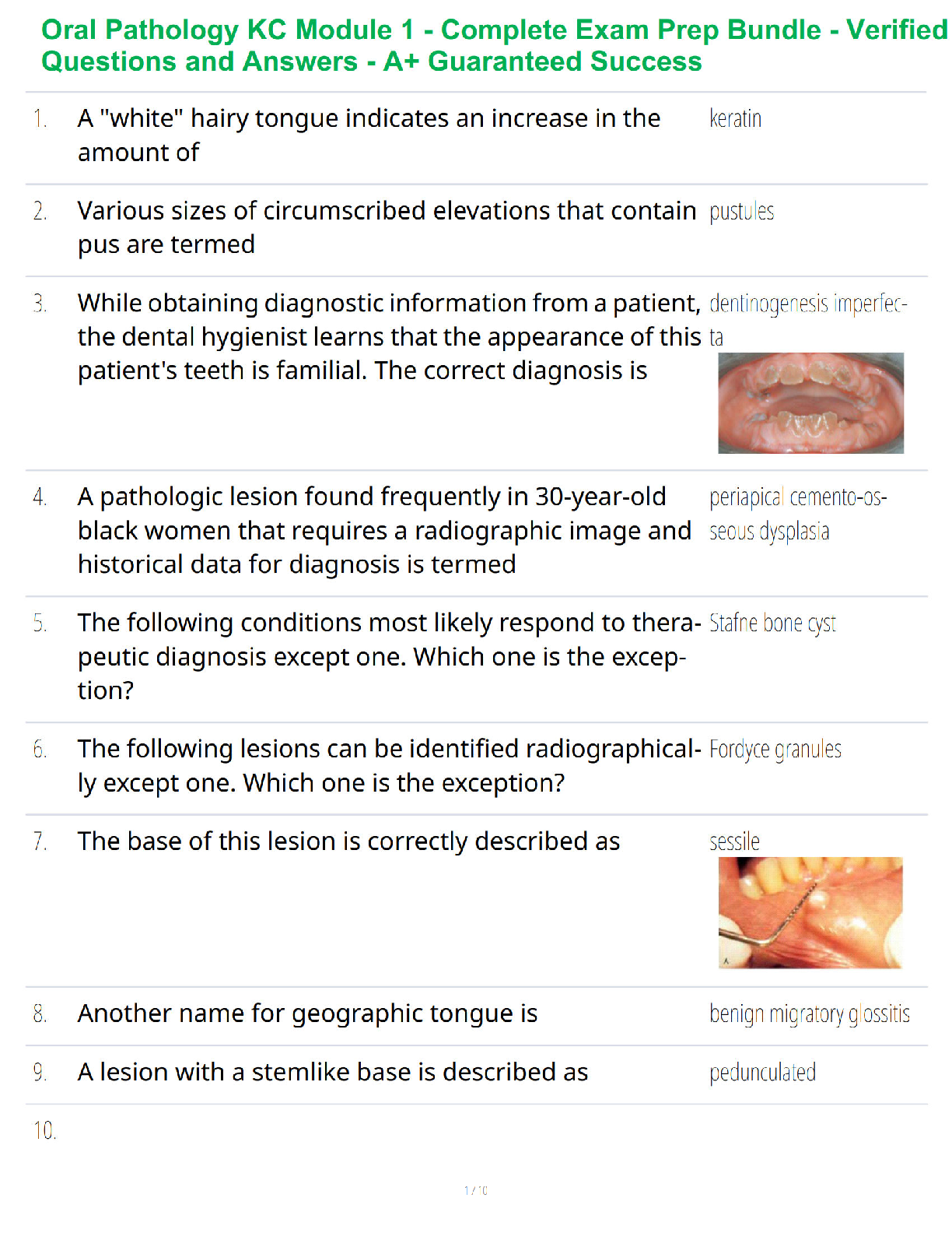 Preview of Oral Pathology KC Module 1 Study Guide - Verified Questions and Answers - A+ Guaranteed Success Review