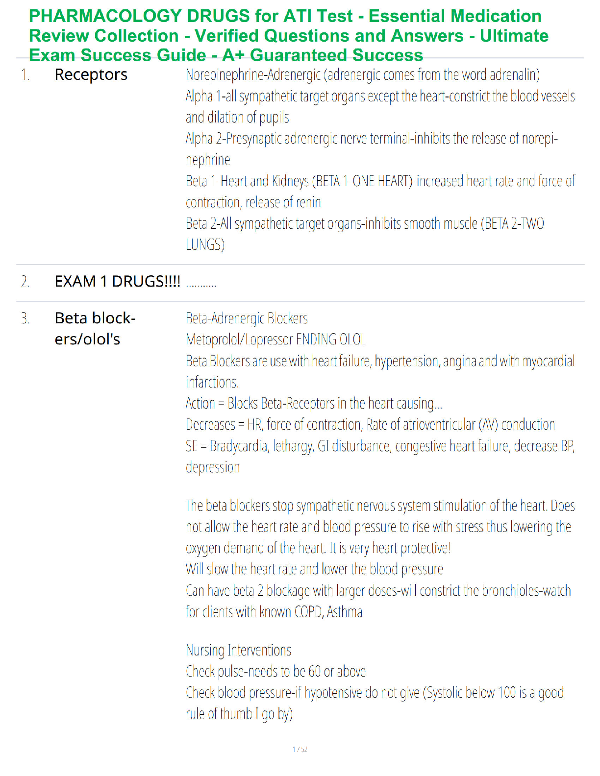 Preview of ATI Pharmacology Drugs Test Study Guide - Verified Questions and Answers - A+ Guaranteed Success Exam Review