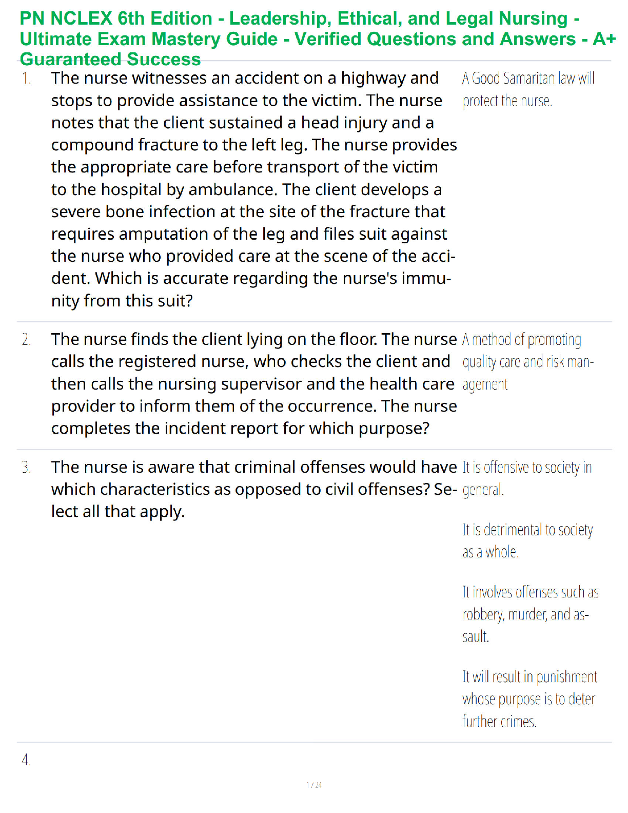 Preview of PN NCLEX 6th Edition Study Guide - Verified Questions and Answers - A+ Guaranteed Success Exam Review