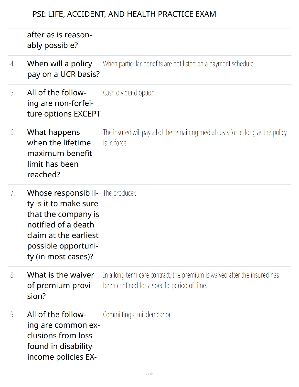 Preview of PSI Life - Accident and Health Insurance Exam Study Guide - Verified Questions and Answers - A+ Guaranteed Success Review