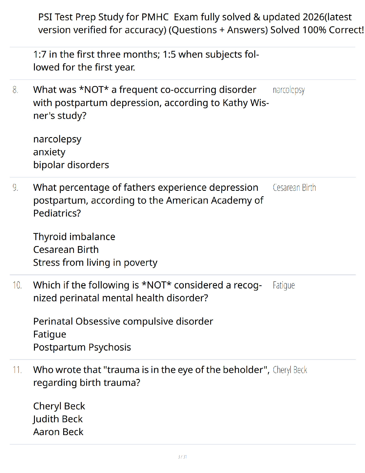 Preview of PSI Test Prep for PMH-C Exam - Verified Questions and Answers - A+ Guaranteed Success Certification Review