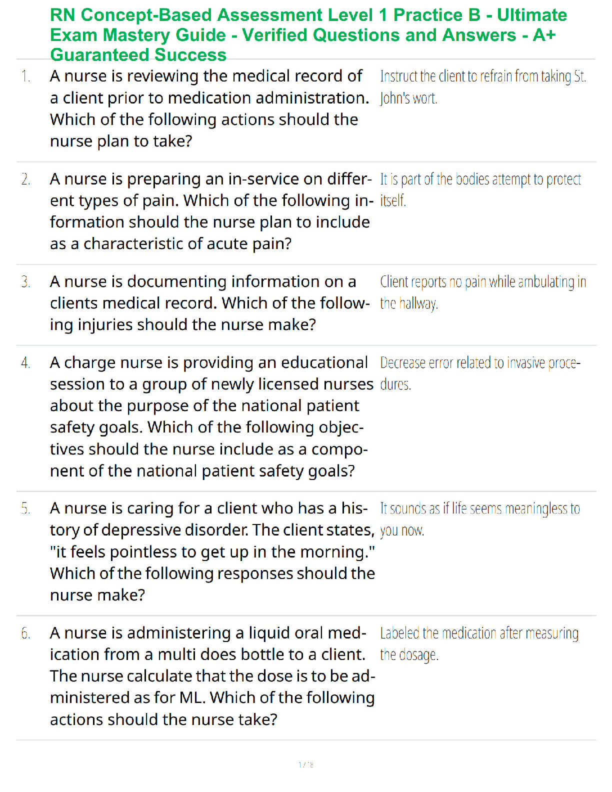 Preview of RN Concept-Based Assessment Level 1 Study Guide - Verified Questions and Answers - A+ Guaranteed Success Review