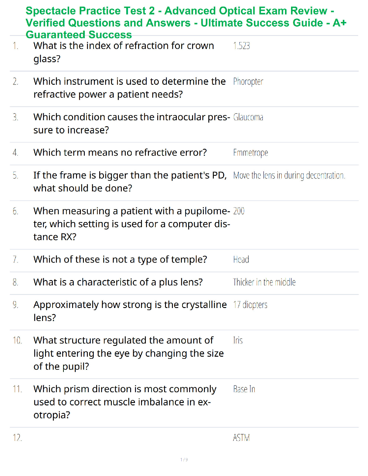 Preview of Spectacle Practice Test 2 - Verified Questions and Answers - A+ Guaranteed Success Exam Review