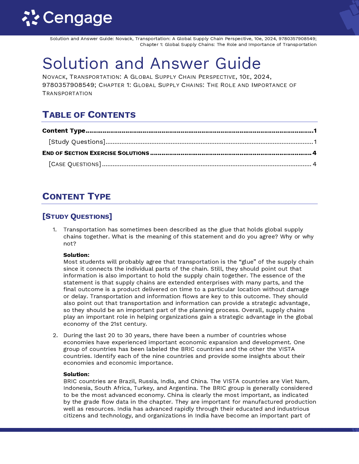 Preview page 2 of Solutions Manual PDF Transportation A Global Supply Chain Perspective 10th Edition By Robert Novack, Brian Gibson, Yoshi