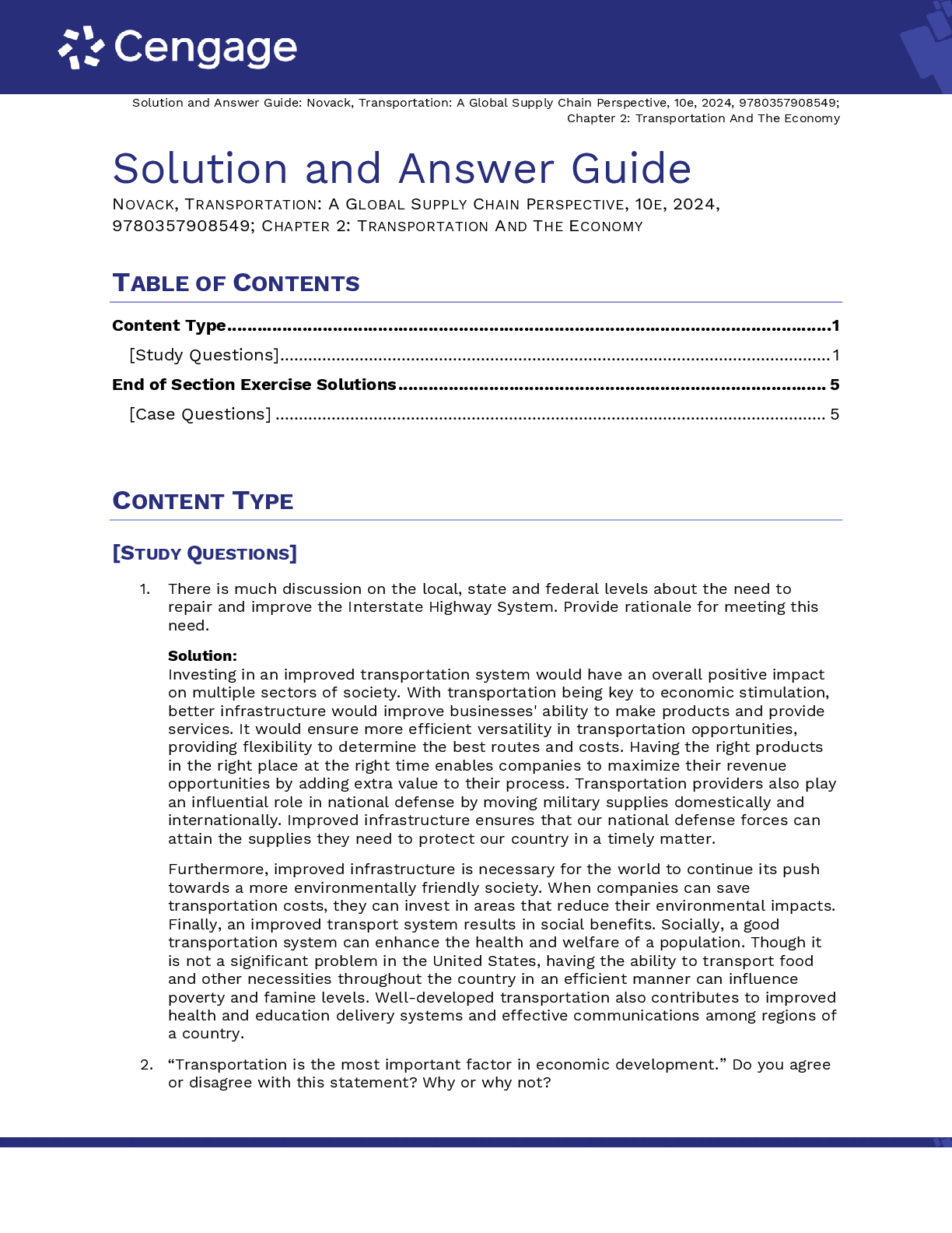 Preview page 7 of Solutions Manual PDF Transportation A Global Supply Chain Perspective 10th Edition By Robert Novack, Brian Gibson, Yoshi