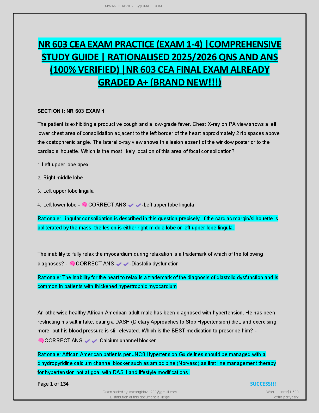 Preview page 2 of NR 603 CEA EXAM  PRACTICE (EXAM 1-4)  |COMPREHENSIVE  WITH RATIONALES  2026/2027