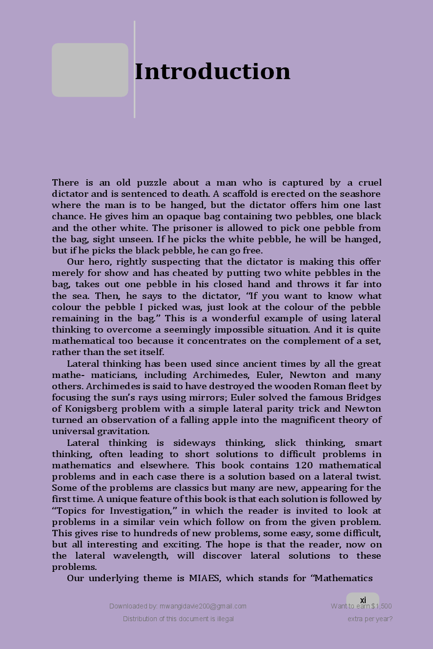 Preview page 4 of MATHEMATICAL   PROBLEMS (1ST  EDITION, 1991) BY  DES  MACHALE IS A  COLLECTION  VERIFIED CORRECT  SOLUTIONS