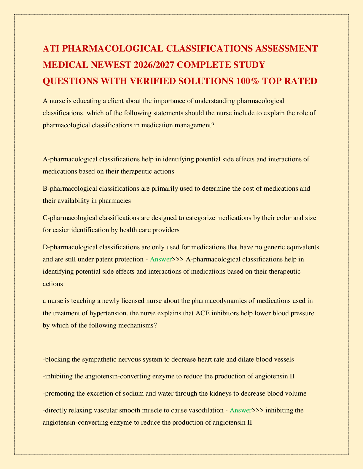 Preview page 2 of ATI PHARMACOLOGICAL CLASSIFICATIONS ASSESSMENT MEDICAL NEWEST 2026/2027 COMPLETE STUDY QUESTIONS WITH VERIFIED SOLUTIONS