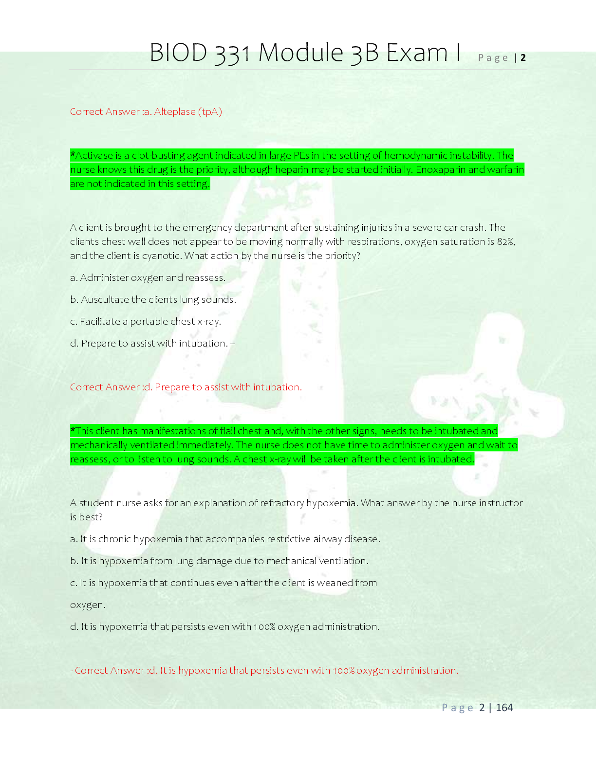 Preview page 2 of BIOD 331 Module 3B Exam Practice  Questions and Correct Answers/ Latest  BIOD 331 Pathophysiology Module 3b  Practice Ex