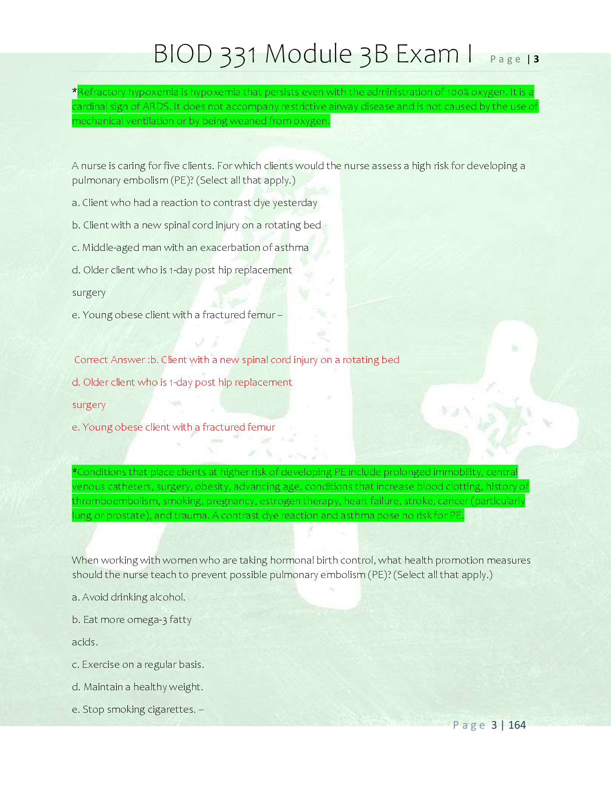 Preview page 3 of BIOD 331 Module 3B Exam Practice  Questions and Correct Answers/ Latest  BIOD 331 Pathophysiology Module 3b  Practice Ex