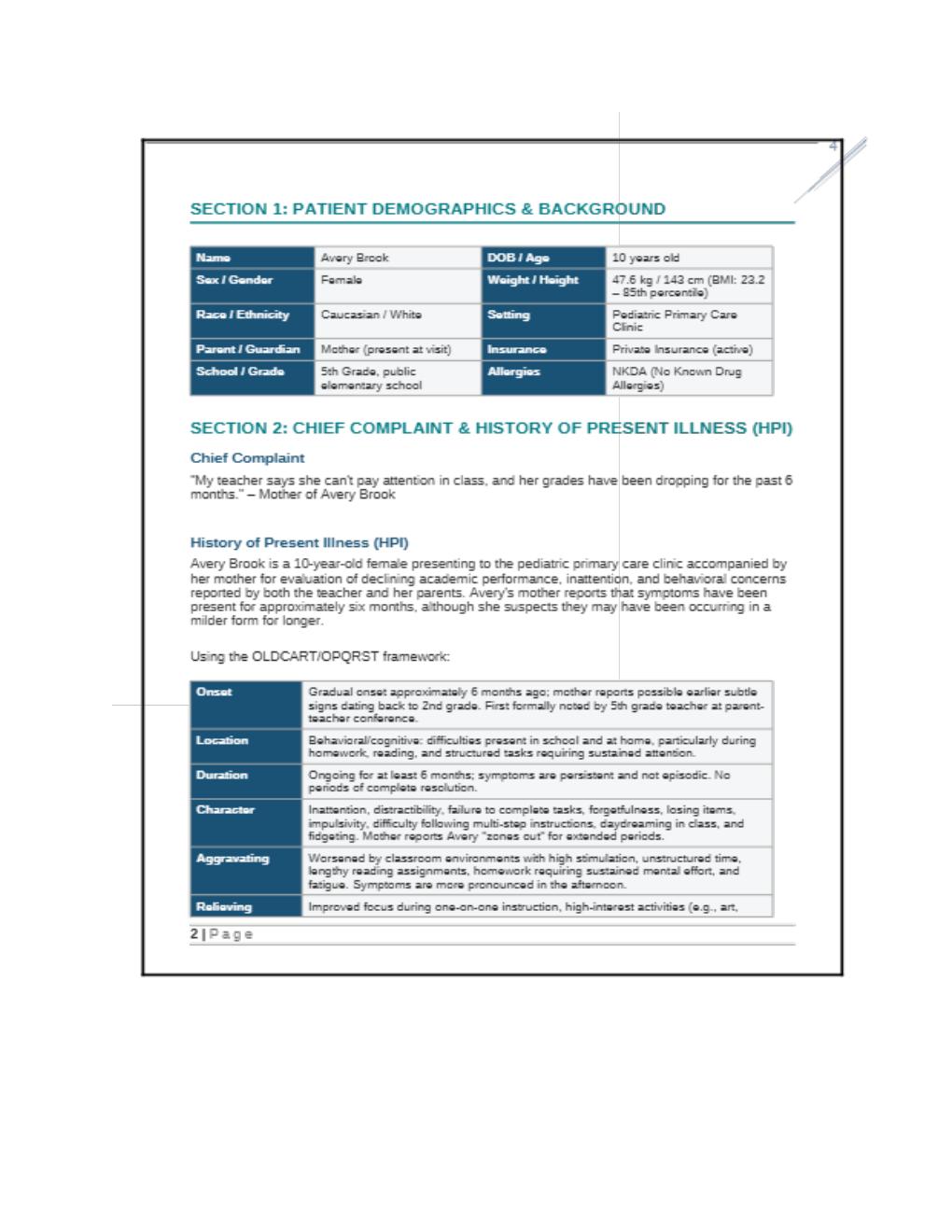 Preview page 3 of iHuman Avery Brook Case Solution 10-Year Old Female with Slipping Grades | Complete Guide with Expert HPI Questions, ROS