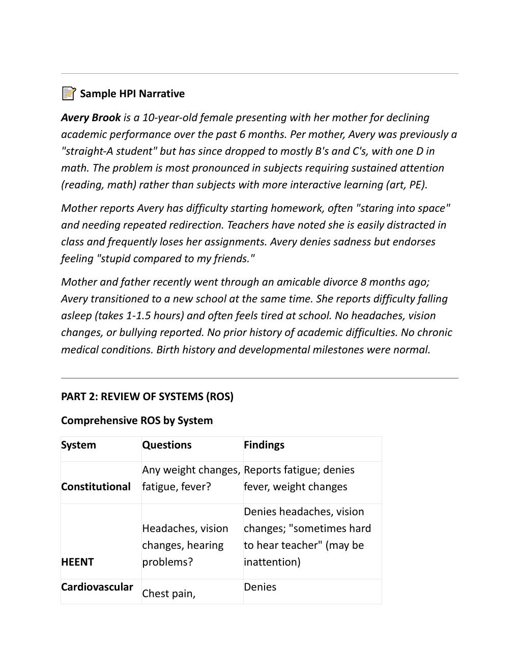 Preview page 7 of iHuman Avery Brook Case Solution 10-Year Old Female with Slipping Grades | Complete Guide with Expert HPI Questions, ROS
