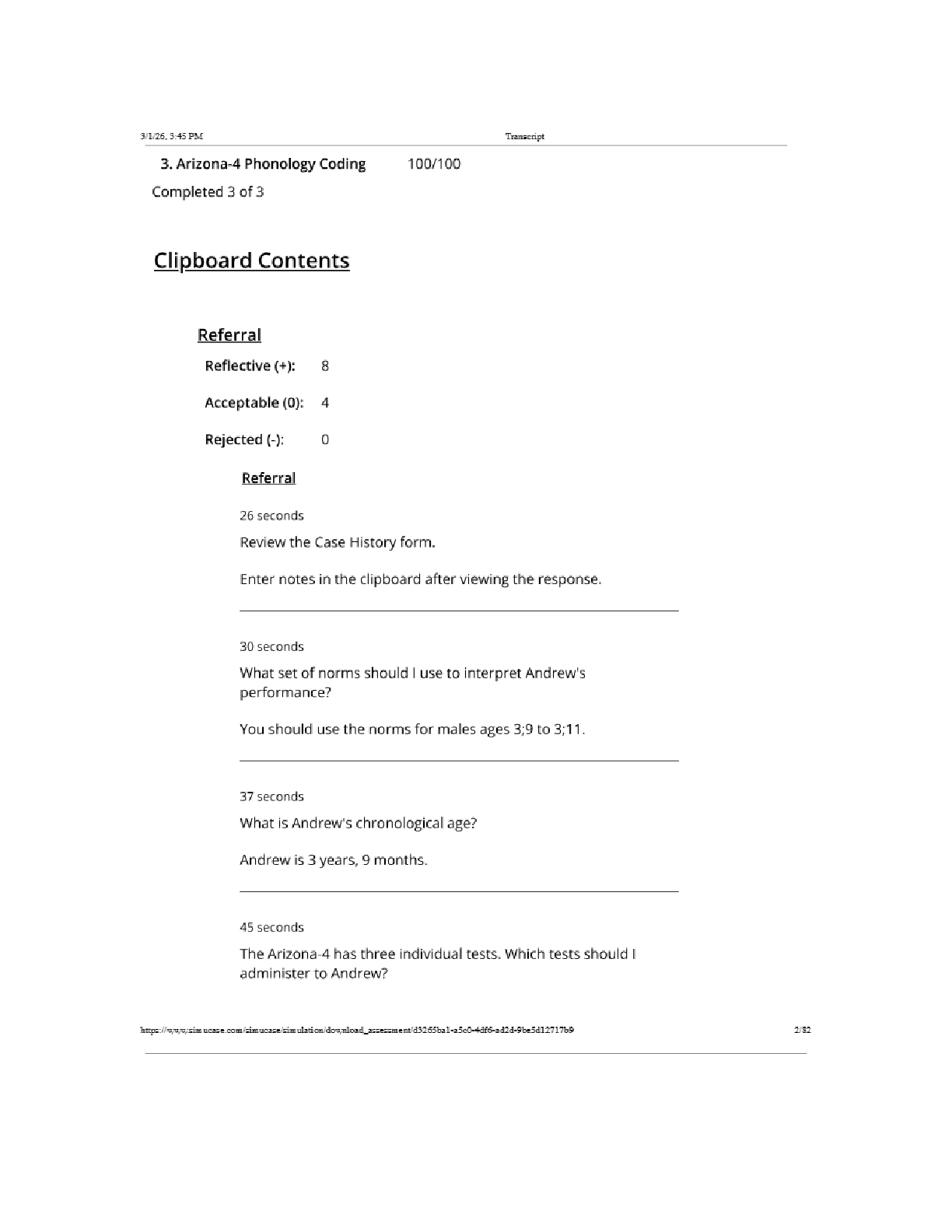 Preview page 2 of Sim Virtual Patient Andrew- Arizona-4 Part-Task Trainer (SLP) Complete Assessment Results Transcript  Answered Latest Up