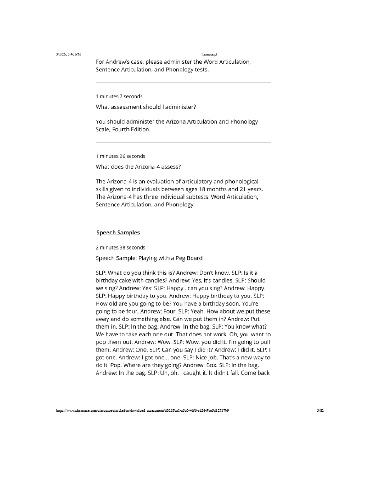 Preview page 3 of Sim Virtual Patient Andrew- Arizona-4 Part-Task Trainer (SLP) Complete Assessment Results Transcript  Answered Latest Up