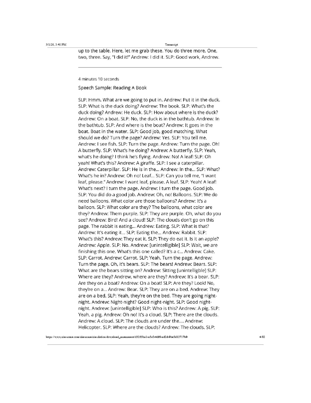 Preview page 4 of Sim Virtual Patient Andrew- Arizona-4 Part-Task Trainer (SLP) Complete Assessment Results Transcript  Answered Latest Up
