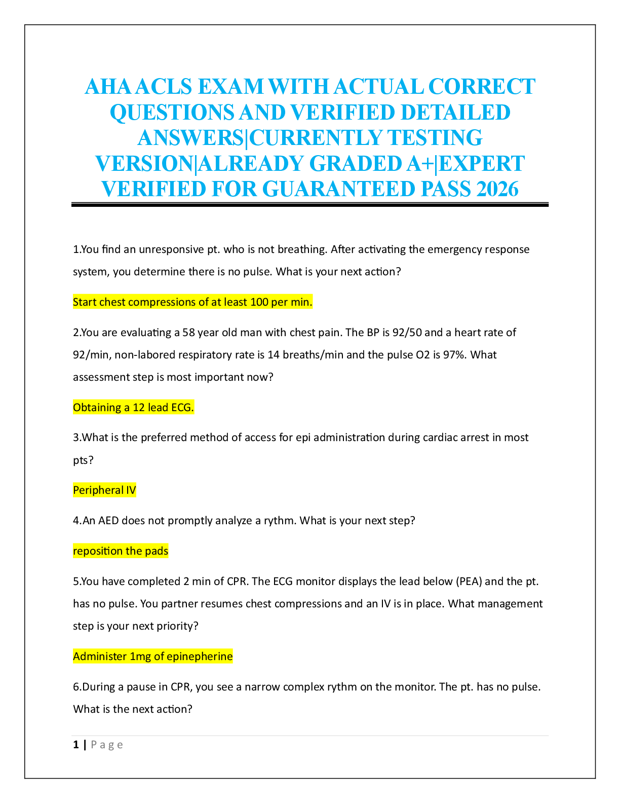 Preview page 1 of AHA ACLS EXAM