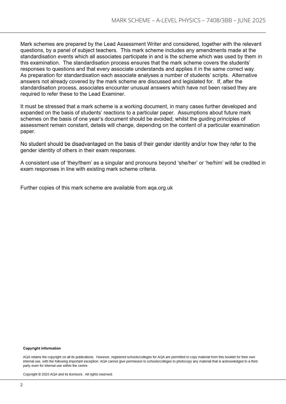 Preview page 2 of AQA A-level PHYSICS 7408/3BB Paper 3  Mark scheme June 2025