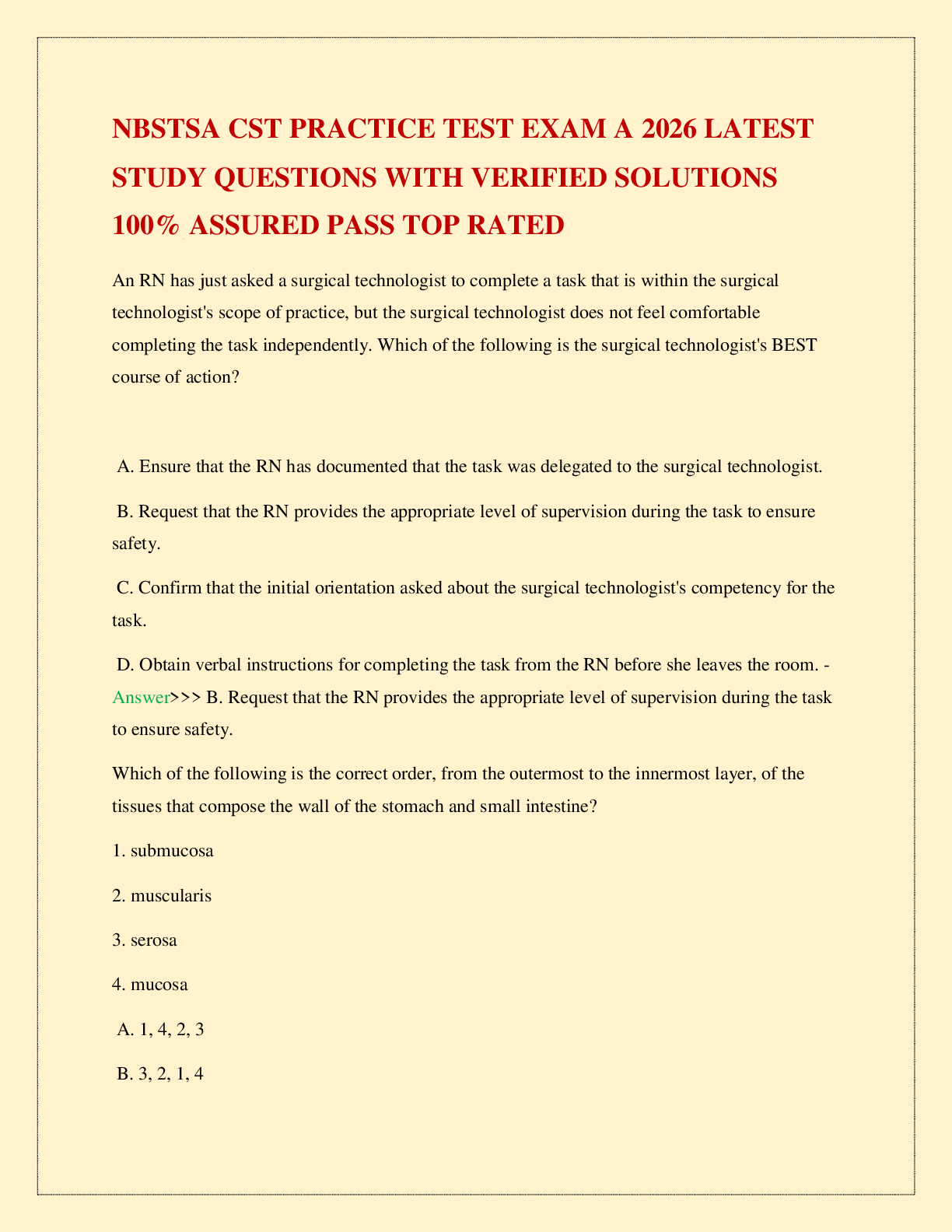 Preview page 2 of NBSTSA CST PRACTICE TEST EXAM A 2026 LATEST STUDY QUESTIONS WITH VERIFIED SOLUTIONS 100% ASSURED PASS TOP RATED