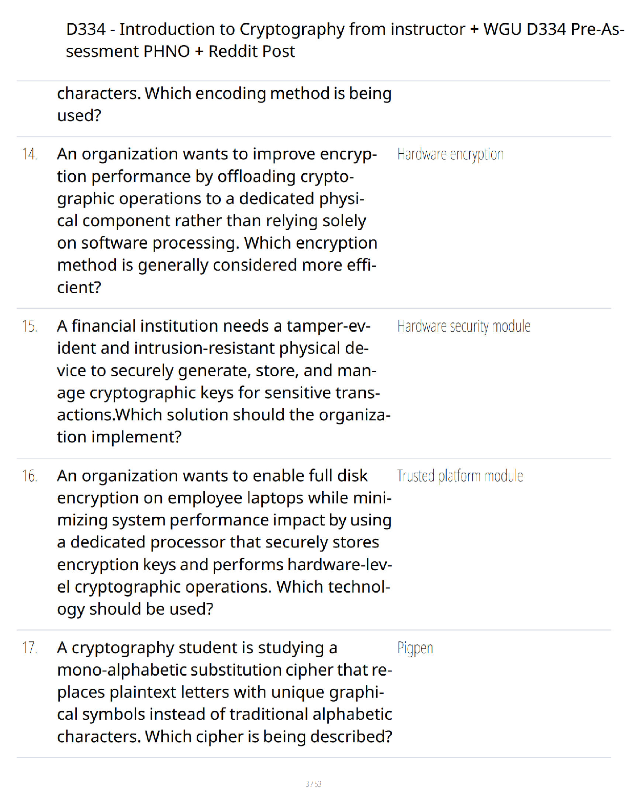 Preview page 3 of D334 Introduction to Cryptography from Instructor WGU D334 Pre-Assessment PHNO and Reddit Post - Verified Questions and
