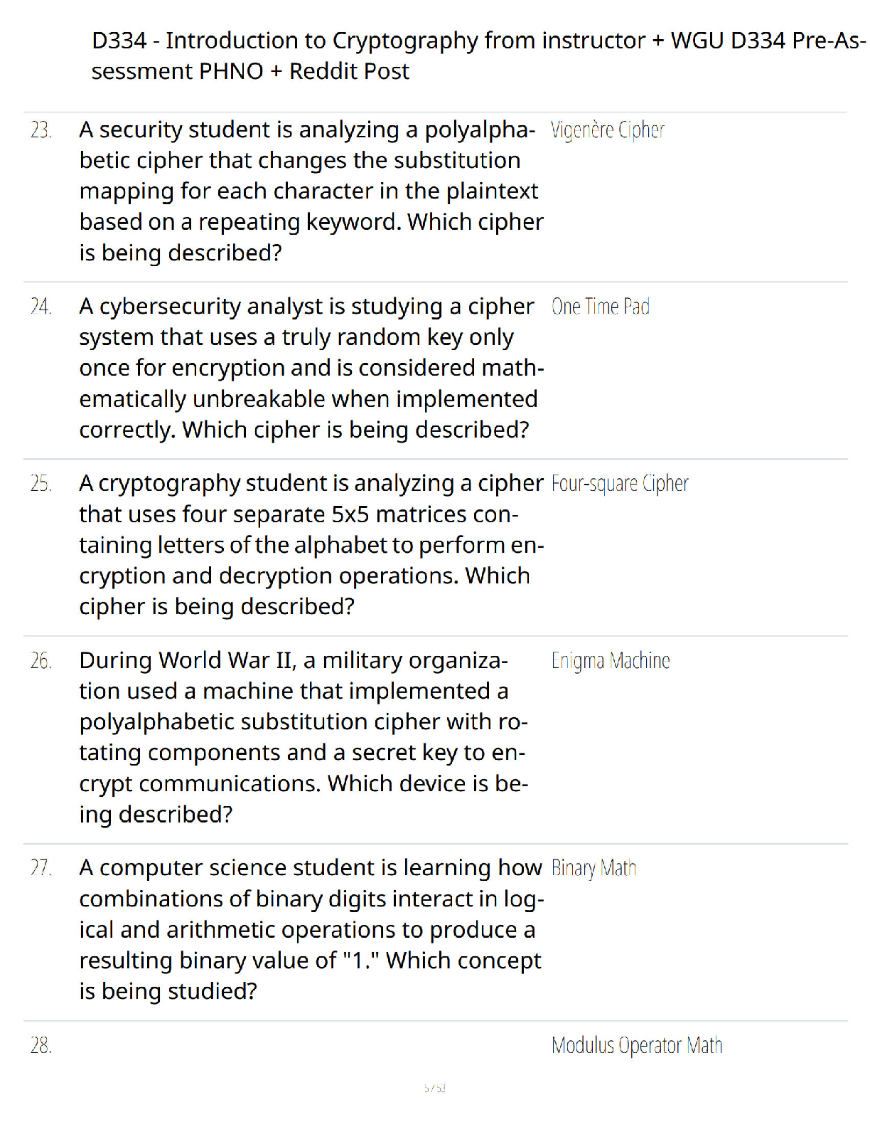 Preview page 5 of D334 Introduction to Cryptography from Instructor WGU D334 Pre-Assessment PHNO and Reddit Post - Verified Questions and